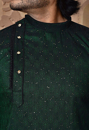 Woven Art Silk Kurta in Dark Green