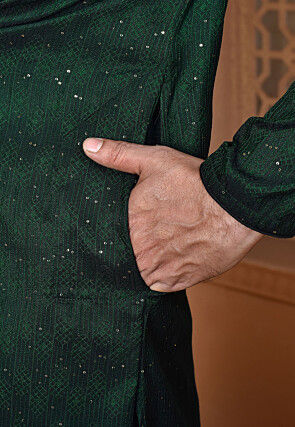 Woven Art Silk Kurta in Dark Green
