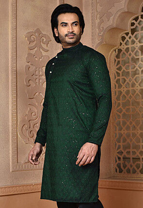 Woven Art Silk Kurta in Dark Green