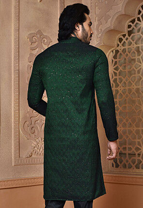 Woven Art Silk Kurta in Dark Green