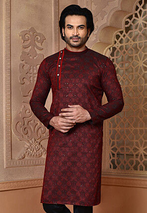 Woven Art Silk Kurta in Maroon
