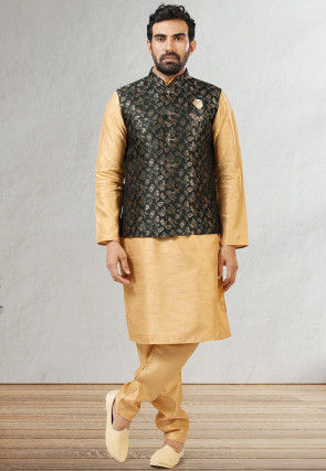 Woven Art Silk Kurta Jacket Set in Beige and Dark Green