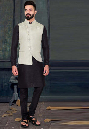 Woven Art Silk Kurta Jacket Set in Black and Off White : MHG2005