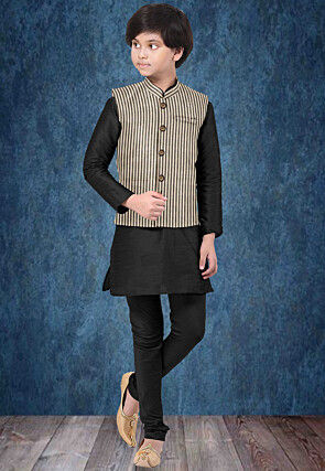 Woven Art Silk Kurta Jacket Set in Black and Beige
