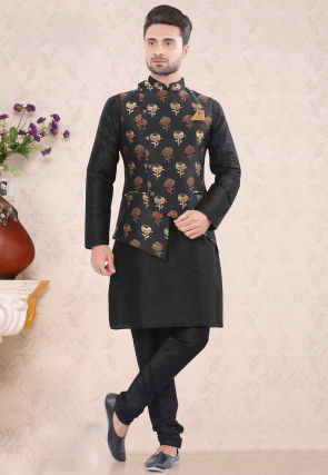 Woven Art Silk Kurta Jacket Set in Black and Black
