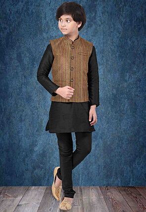Woven Art Silk Kurta Jacket Set in Black and Brown