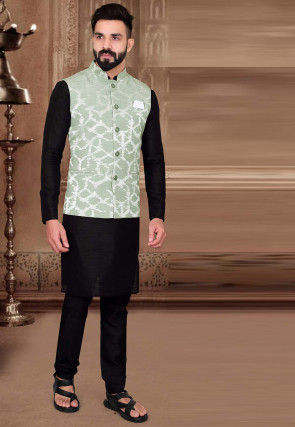 Woven Art Silk Kurta Jacket Set in Black and Pastel Green