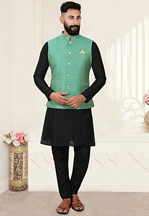 Woven Art Silk Kurta Jacket Set in Black and Green