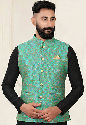 Woven Art Silk Kurta Jacket Set in Black and Green