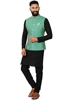 Woven Art Silk Kurta Jacket Set in Black and Green