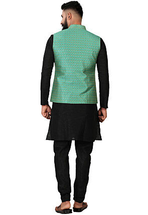 Woven Art Silk Kurta Jacket Set in Black and Green