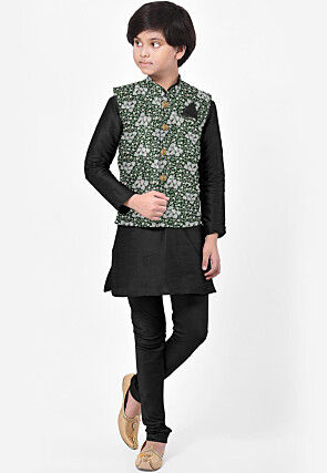 Woven Art Silk Kurta Jacket Set in Black