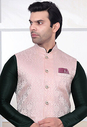 Woven Art Silk Kurta Jacket Set in Dark Green and Pink
