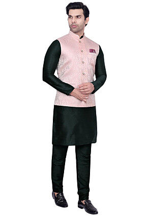 Woven Art Silk Kurta Jacket Set in Dark Green and Pink