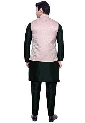 Woven Art Silk Kurta Jacket Set in Dark Green and Pink