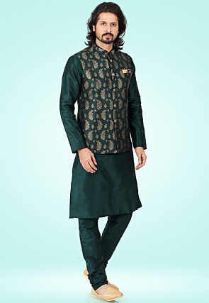 Woven Art Silk Kurta Jacket Set in Dark Green