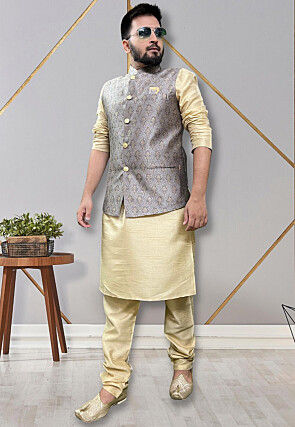 Woven Art Silk Kurta Jacket Set in Light Golden and Grey