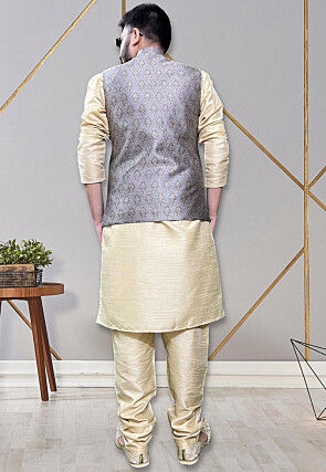 Woven Art Silk Kurta Jacket Set in Light Golden and Grey