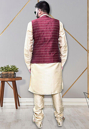 Woven Art Silk Kurta Jacket Set in Light Golden and Maroon