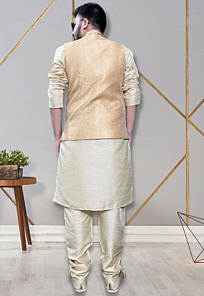 Woven Art Silk Kurta Jacket Set in Light Golden