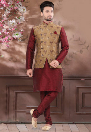 Woven Art Silk Kurta Jacket Set in Maroon and Dark Beige