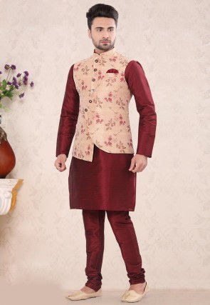 Woven Art Silk Kurta Jacket Set in Maroon and Light Peach