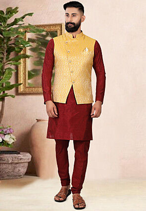 Woven Art Silk Kurta Jacket Set in Maroon and Mustard