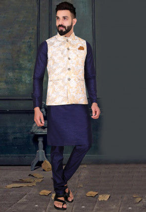 Buy Woven Art Silk Kurta Jacket Set in Navy Blue and White Online ...