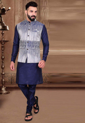 Buy Dark Blue Floral Design Kurta Jacket Set Online in India @Manyavar - Kurta  Jacket Set for Men