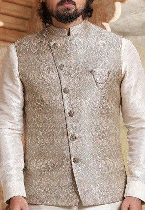 Woven Art Silk Kurta Jacket Set in Off White and Grey