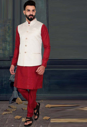 Buy Woven Art Silk Kurta Jacket Set in Red and Cream Online MHG2007 Utsav Fashion