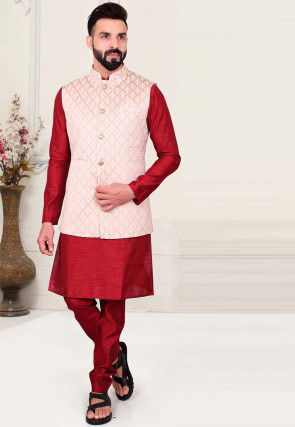 Stunning Red Color Art Silk Readymade Kurta Pyjama With Jacket For Men