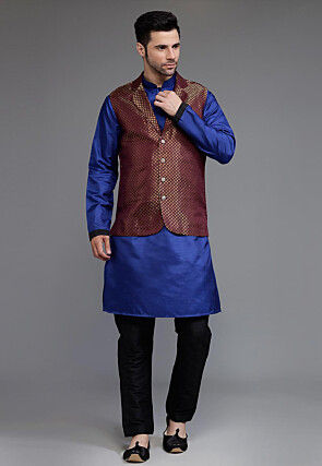 Woven Art Silk Kurta Jacket Set in Royal Blue and Wine