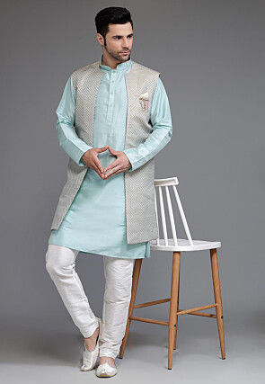 Woven Art Silk Kurta Long Jacket Set in Sky Blue