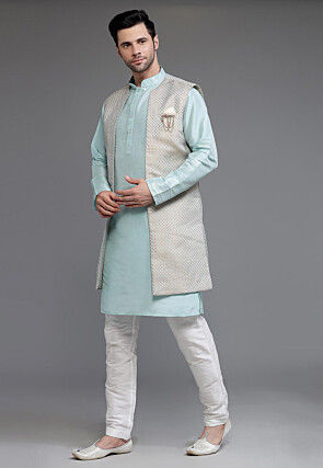 Woven Art Silk Kurta Long Jacket Set in Sky Blue