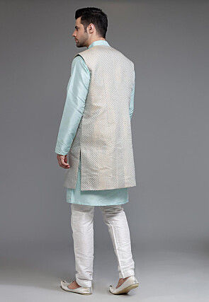 Woven Art Silk Kurta Long Jacket Set in Sky Blue