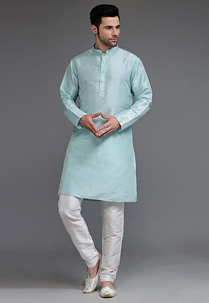 Woven Art Silk Kurta Long Jacket Set in Sky Blue