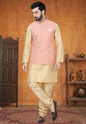 Woven Art Silk Kurta Set in Beige and Peach