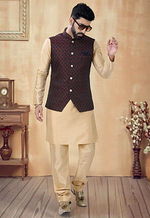 Woven Art Silk Kurta Set in Beige