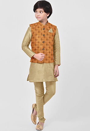 Woven Art Silk Kurta Set in Beige