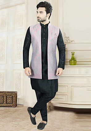 Woven Art Silk Kurta Set in Black