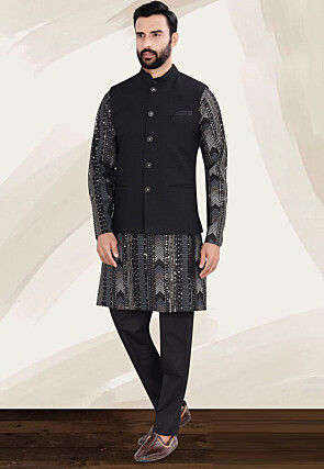 Woven Art Silk Kurta Set in Black