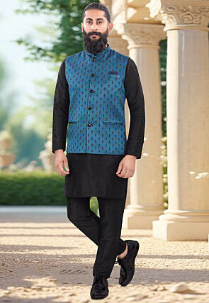 Woven Art Silk Kurta Set in Black and Blue