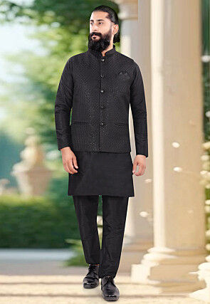 Woven Art Silk Kurta Set in Black