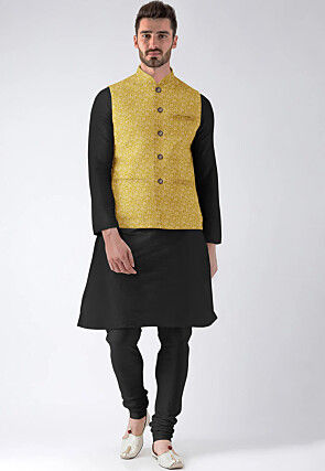 Woven Art Silk Kurta Set in Black
