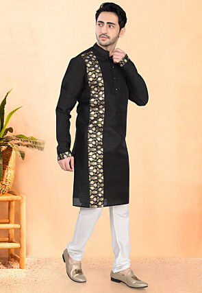 Woven Art Silk Kurta Set in Black