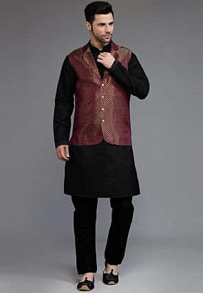 Woven Art Silk Kurta Set in Black