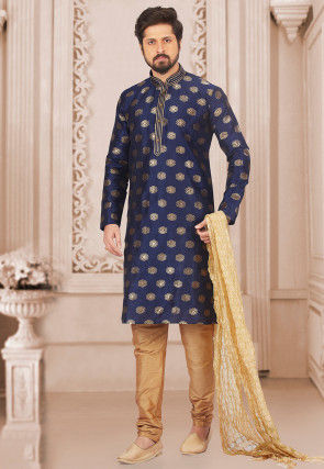 Woven Art Silk Kurta Set in Blue