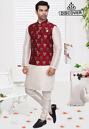 Woven Art Silk Kurta Set in Cream and Maroon