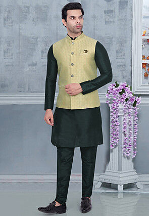 Woven Art Silk Kurta Set in Dark Green and Dusty Green